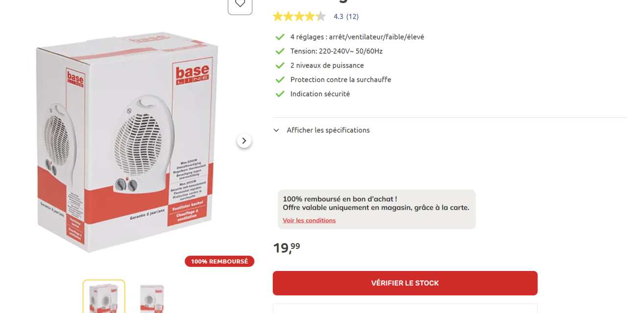 Brico Chauffage soufflant Baseline blanc 2000W 100% remboursé en bon d’achat