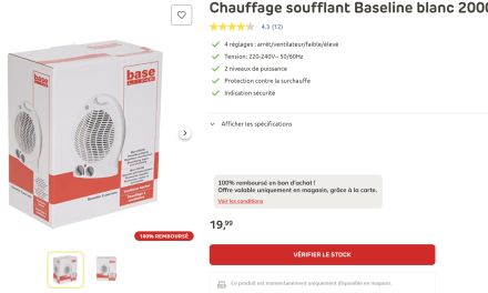 Brico Chauffage soufflant Baseline blanc 2000W 100% remboursé en bon d’achat