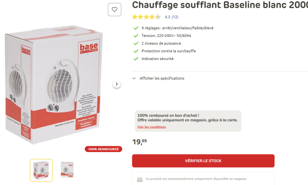 Brico Chauffage soufflant Baseline blanc 2000W 100% remboursé en bon d’achat